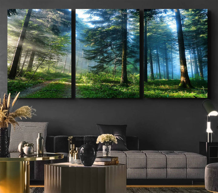 Enhancing the space is the Forest Sun Shine wall art canvas print, showcasing a serene forest scene.