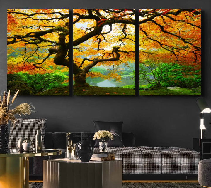 The Portland Japanese Maple Tree Canvas adds elegance to a modern living room.