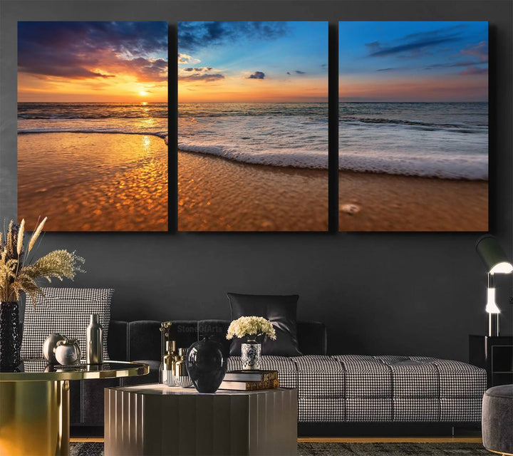 The Golden Sunset Beach Waves Triptych adds a modern coastal touch with its stunning seascape.