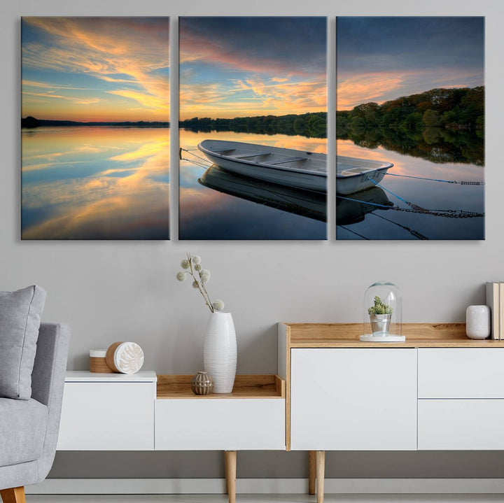 Serene Rowboat on Calm Lake Triptych Canvas Art, Giclee Wall Art of Peaceful Sunset Reflections, Tranquil Landscape Wall Art for Home or Office