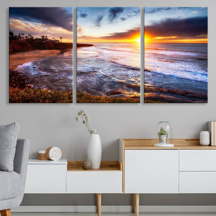 California Coastline Sunset Canvas Art, Ocean Waves Crashing on Cliffs, Giclee Canvas Print for Beach House Decor