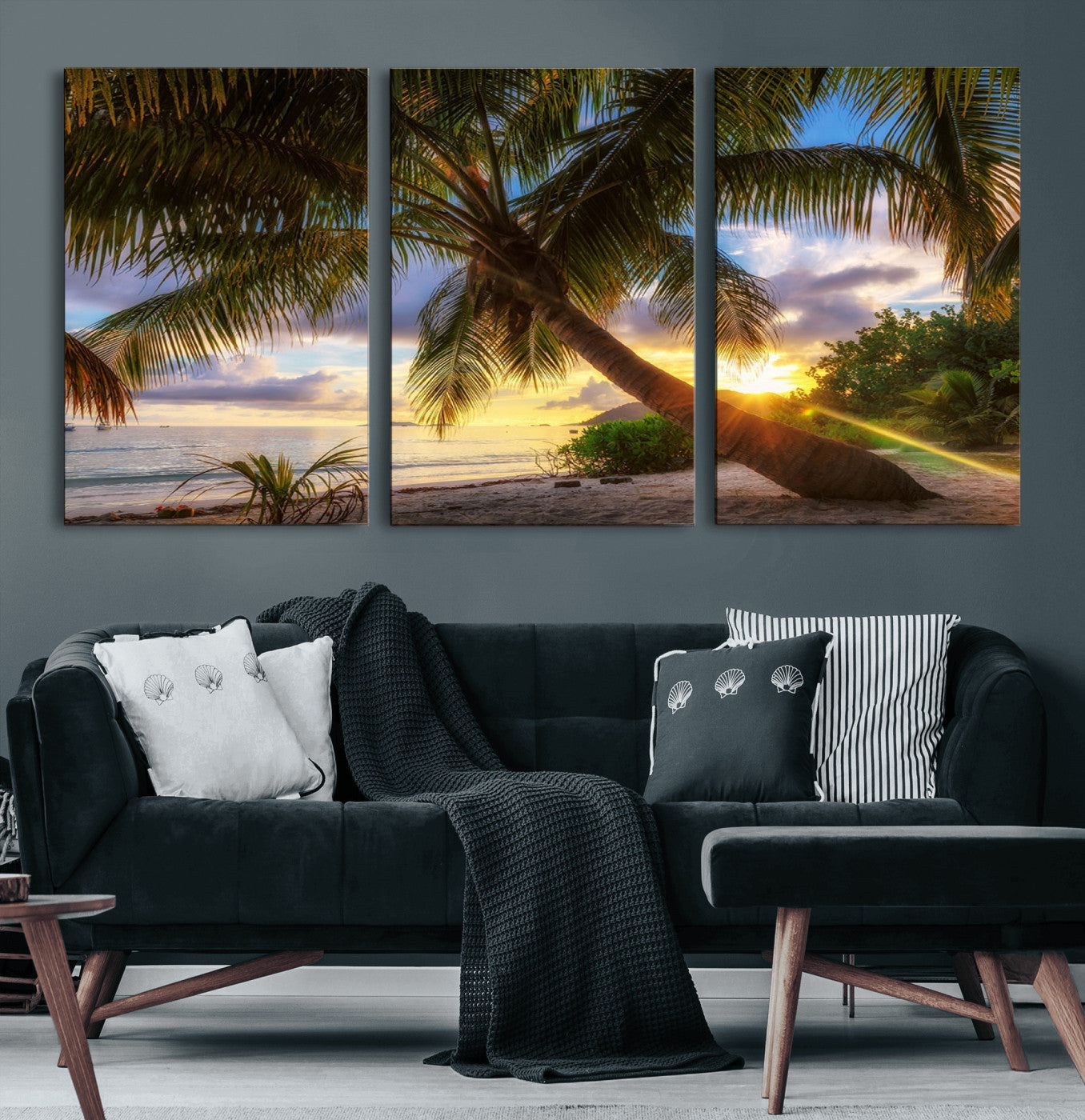 49751-MGV-CV-60X30-3P-Tropical Island Sunset on the Beach Palms Wall Art Canvas Print