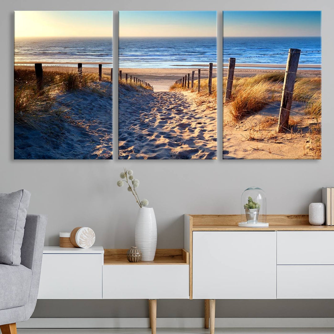 Tropical Beach Sunset Canvas Art, Ocean Waves and Sandy Shoreline Wall Art, Large Beach Decor for Coastal Homes