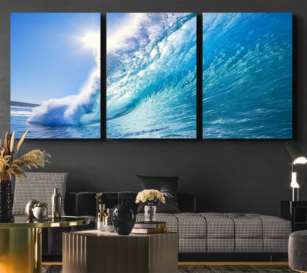 The Blue Big Wave Surfing Ocean Canvas adds a coastal vibe to a wooden wall.