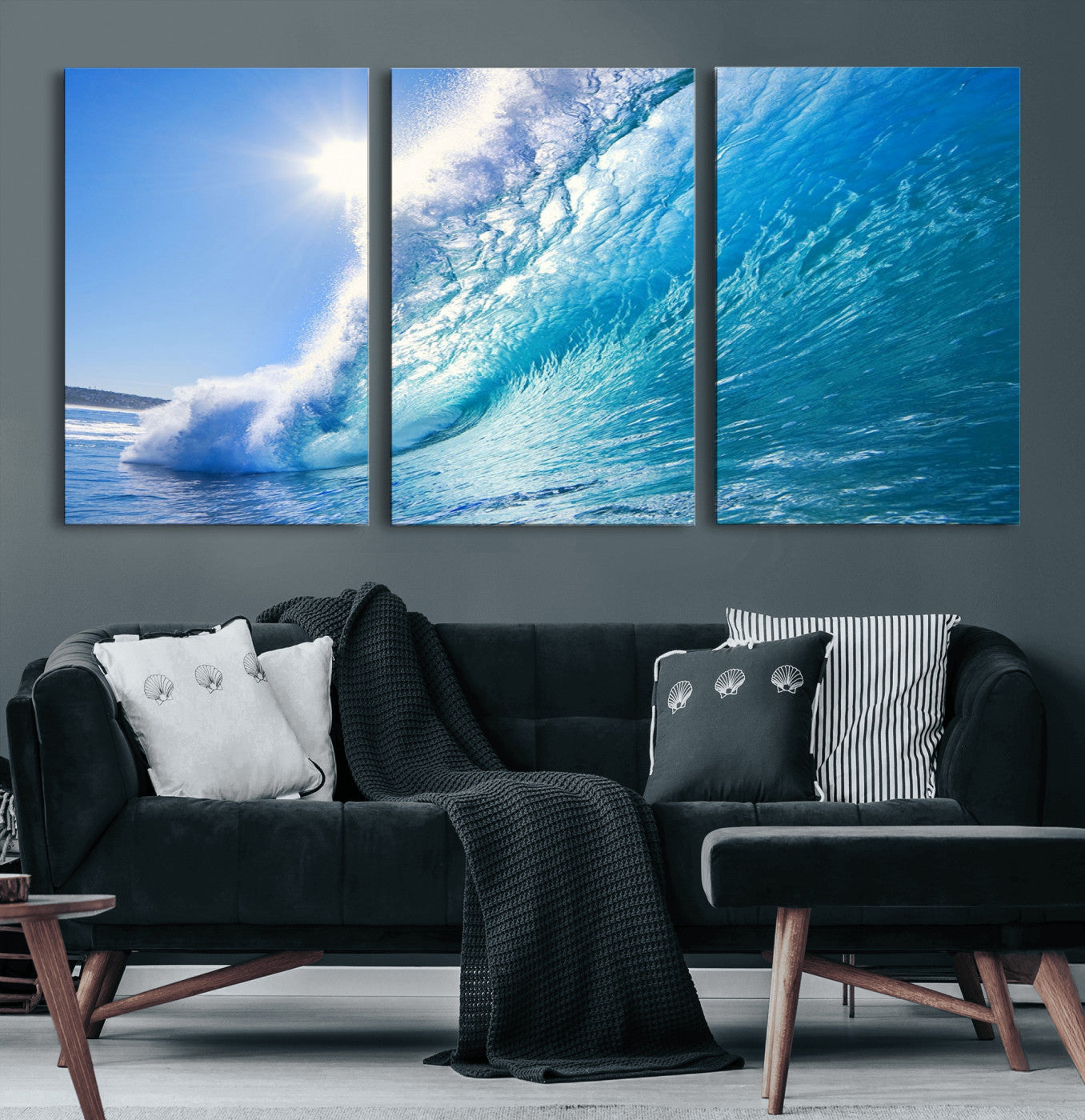 -Blue Big Wave Surfing Ocean Canvas Wall Art Artwork Print