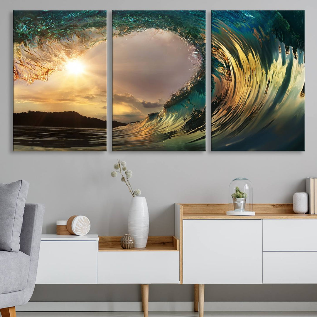 Golden Wave Sunset Giclee Canvas Print – Large Coastal Wall Art for Nature Lovers, Captivating Ocean Wave Decor