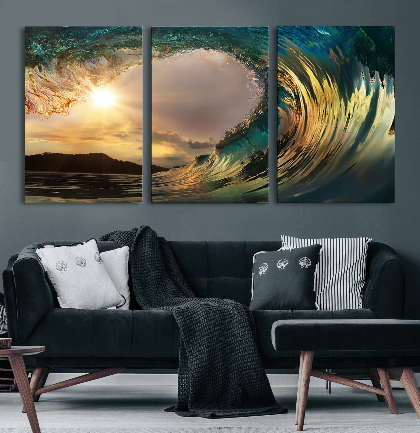 MGV-CV-60X30-3P - Golden Wave Sunset Giclee Canvas Print – Large Coastal Wall Art for Nature Lovers, Captivating Ocean Wave Decor