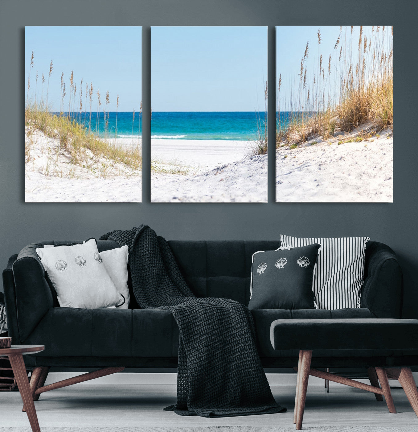 58498-MGV-CV-60X30-3P-Serene Coastal Dune Path with Ocean View, 3-Panel Beach Canvas Wall Art, Tranquil Seascape Giclee