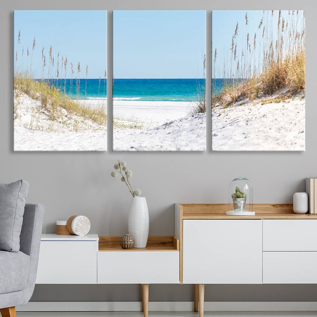 Serene Coastal Dune Path with Ocean View, 3-Panel Beach Canvas Wall Art, Tranquil Seascape Giclee Print, Gallery Wrap, Perfect for Coastal Home Decor