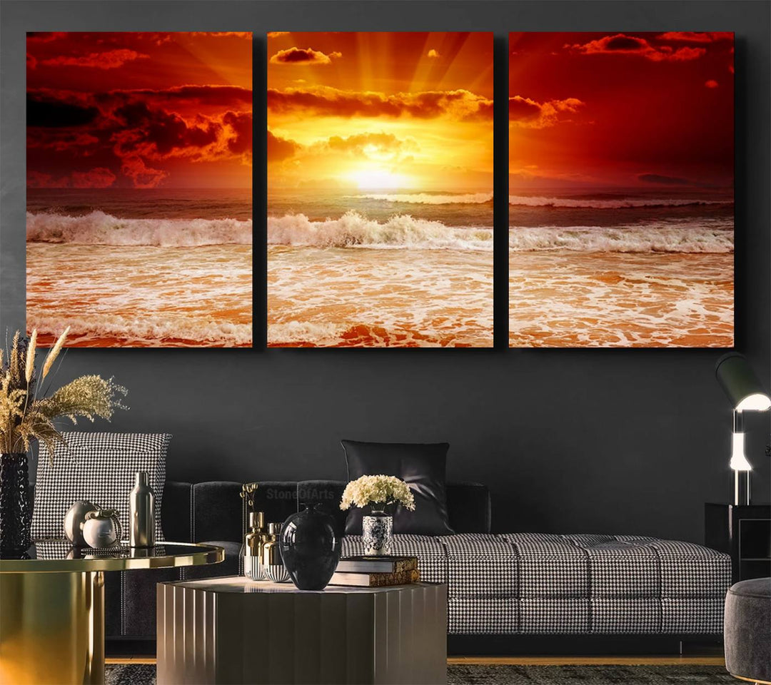 The Red Sunset Ocean Beach Canvas depicts ocean waves.