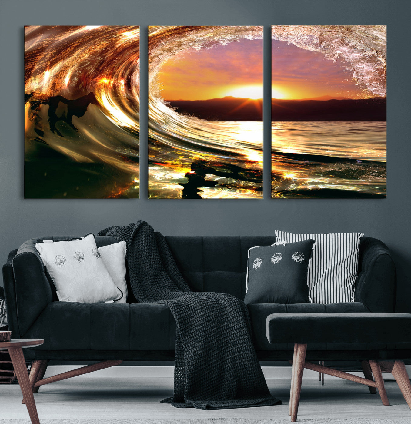MGV-CV-60X30-3P - Golden Wave Sunset Triptych Canvas Art, Giclee Canvas Print of Ocean Wave and Sunset, Framed Ocean