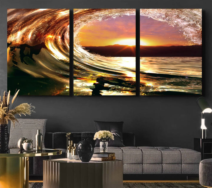 The Golden Wave Sunset Triptych Canvas Art showcases an ocean wave at sunset, casting warm light.