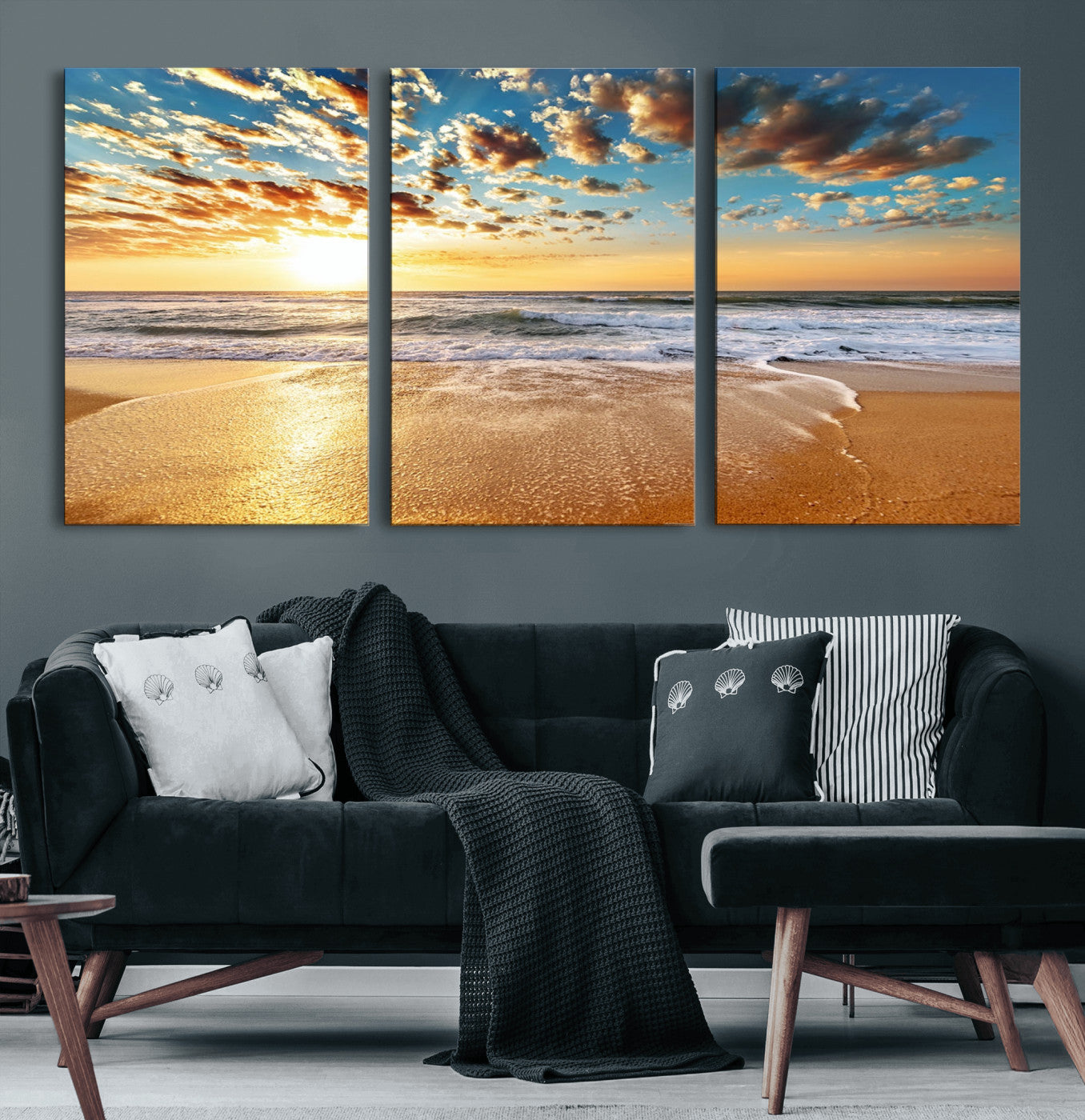MGV-CV-60X30-3P - Golden Sunset Beach Print Canvas Wall Art, Giclee Canvas Print with Canon Print Quality, Triptych