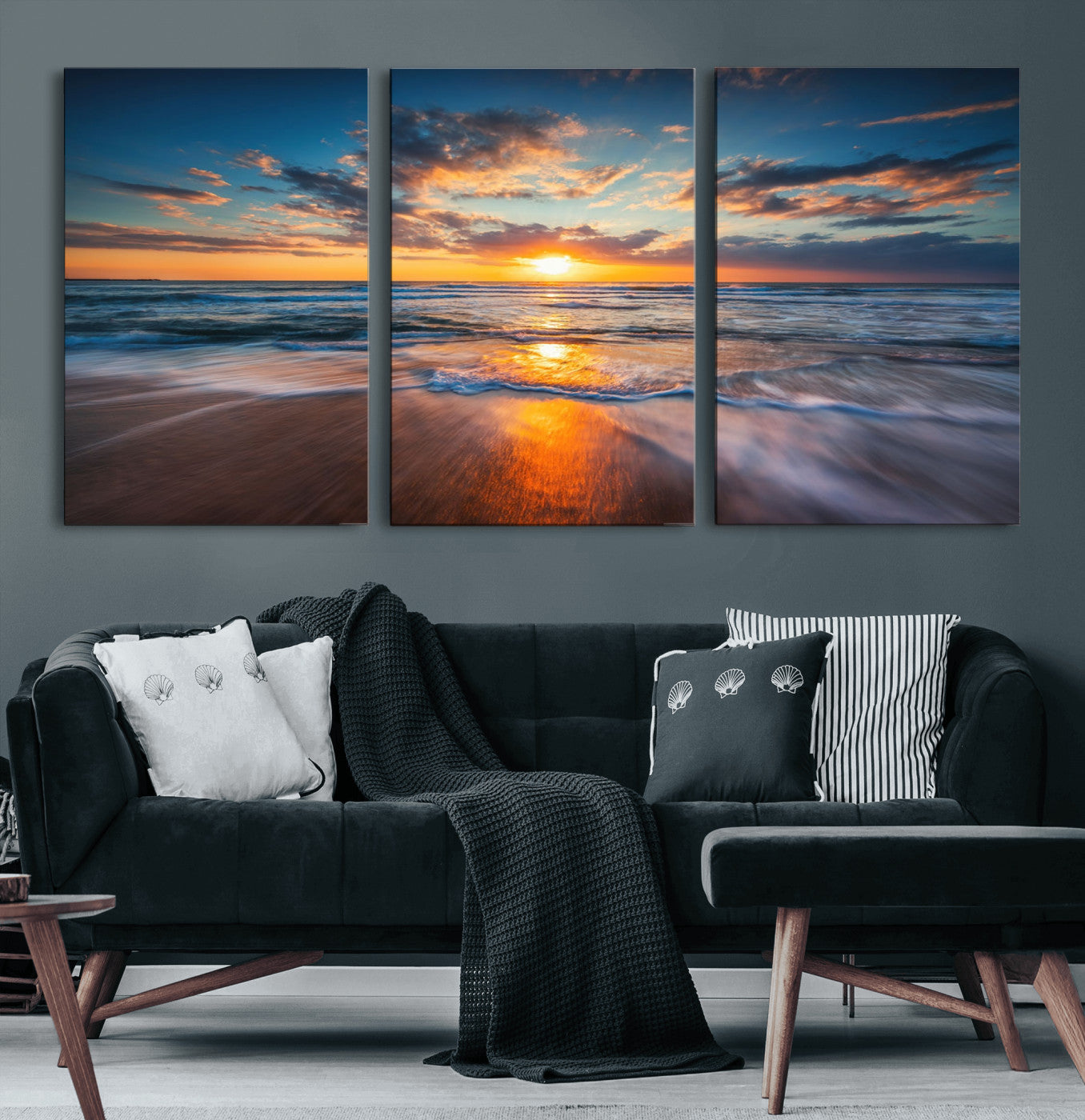 72719-MGV-CV-60X30-3P-Sunset on the Ocean Beach with Waves, Reflections on Sand, Coastal Wall Art Print, Beach Wall Art,