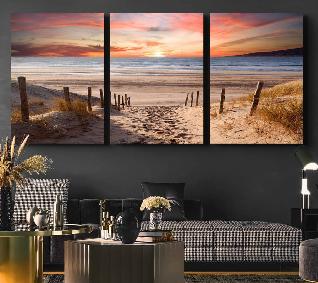 The Sunset on the Sea Wall Art Canvas Print beautifully captures a beach sunset and waves, enhanced with a UV-protective coating.