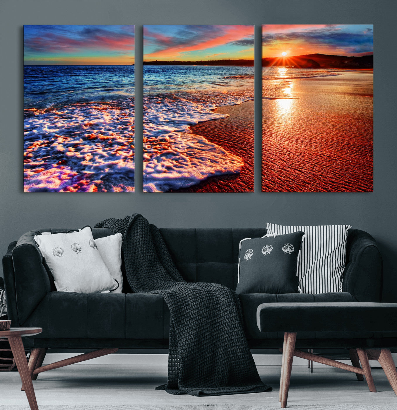 MGV-CV-60X30-3P - Colorful Coastal Sunset on the Beach Canvas Print, Ocean Waves Crashing at Dusk, Multi-Panel Seascape Vibrant Coastal Wall Art Canvas Print