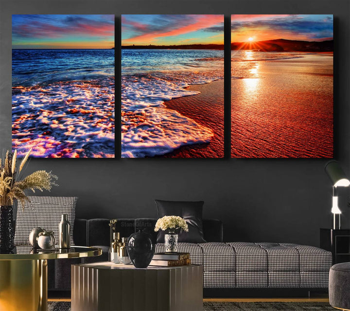 The Colorful Coastal Sunset on the Beach canvas print portrays ocean waves at dusk.