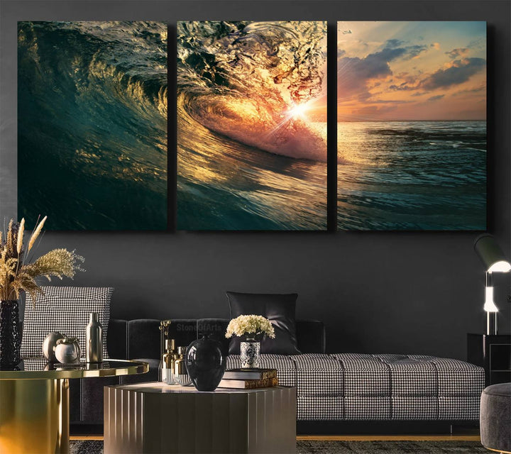 A triptych seascape titled Ocean Wave Sunset Canvas, featuring a stunning ocean view at sunset, is beautifully framed and ready to hang.