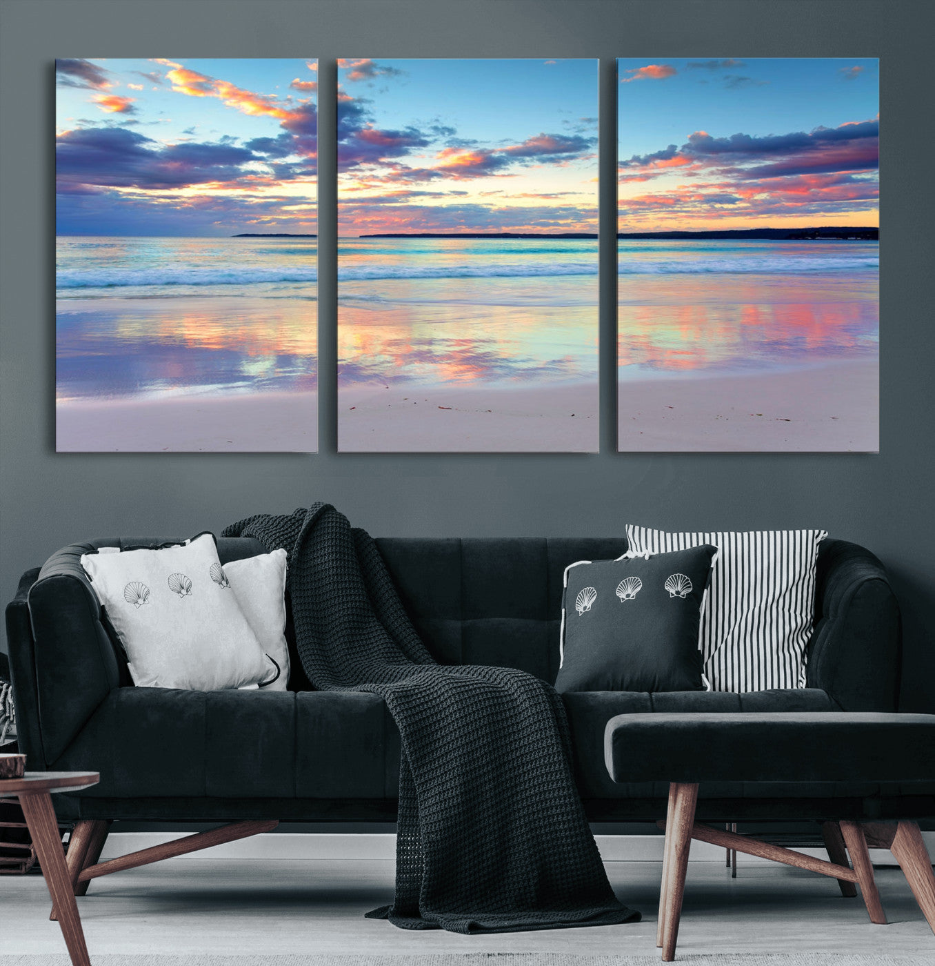 56723-MGV-CV-60X30-3P-Tranquil Pastel Sunset Beach Triptych Canvas Art, Soothing Coastal Ocean Shoreline Giclee Print,
