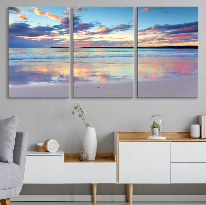 Tranquil Pastel Sunset Beach Triptych Canvas Art, Soothing Coastal Ocean Shoreline Giclee Print, Beach Reflections Wall Decor for Serene Spaces