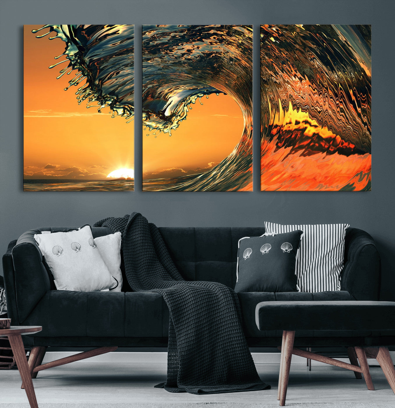 96977-MGV-CV-60X30-3P-Surf Wave Sunset Canvas Wall Art Print, 3-Panel Ocean Coastal Wall Art Print, Ocean Decor for