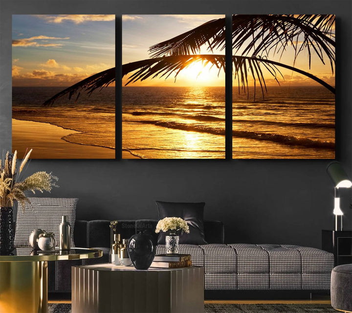 Golden Tropical Beach Sunset Canvas Triptych: Coastal Palm Art & Giclee Print with Gallery Wrap, capturing golden waves.