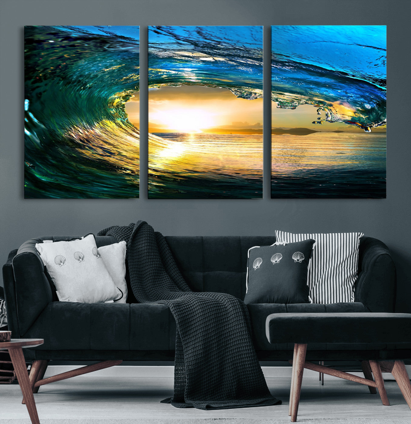 19378-MGV-CV-60X30-3P-Ocean Wave at Sunset Canvas Art, Large Wall Print of Vibrant Water Waves, Coastal Art for Living