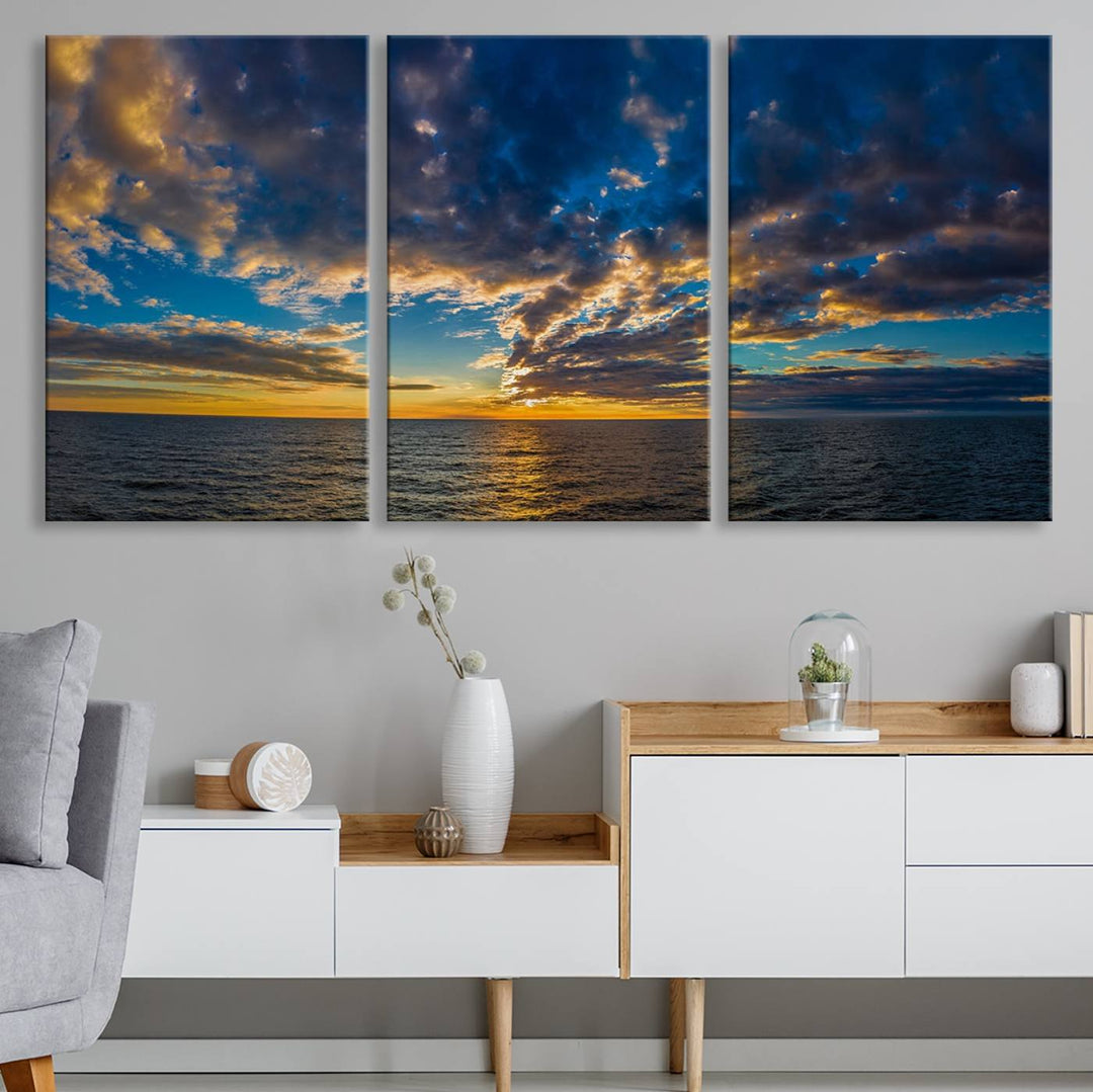 Dramatic Ocean Sunset Canvas Art, Panoramic Seascape Wall Art, Giclee Canvas Print with Canon Quality for Coastal Decor