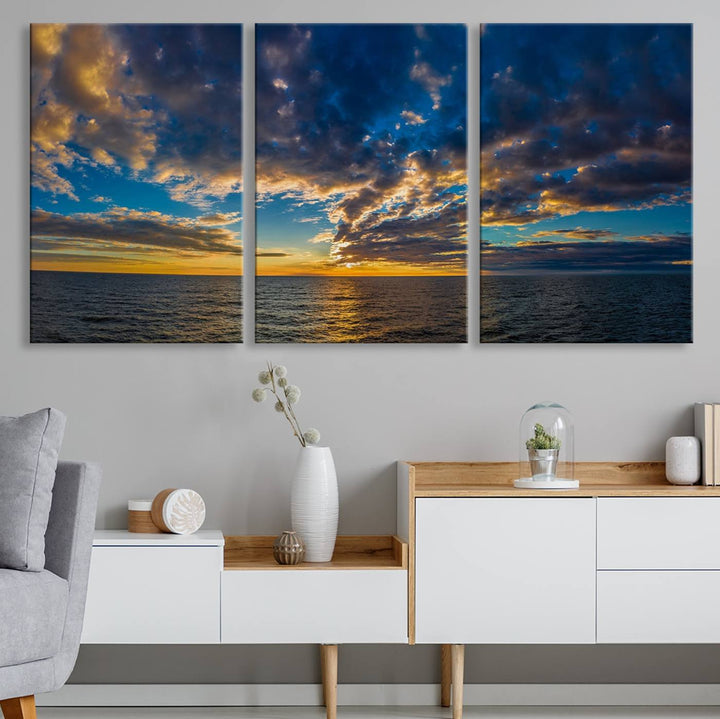 Dramatic Ocean Sunset Canvas Art, Panoramic Seascape Wall Art, Giclee Canvas Print with Canon Quality for Coastal Decor