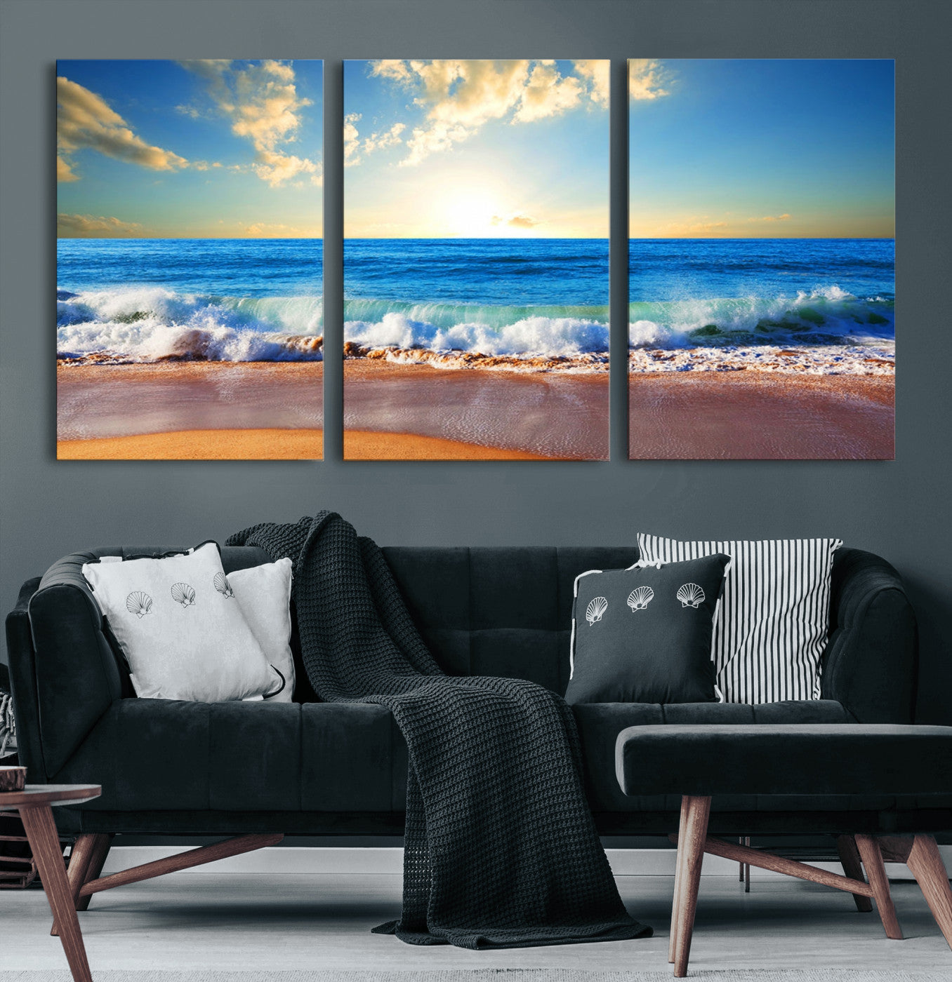 MGV-CV-60X30-3P - Tropical Beach Sunset Canvas Art, Ocean Waves and Sandy Shoreline Wall Art, Large Beach Decor for Coastal Homes