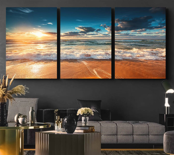 A Golden Sunset Beach Triptych Canvas Art hangs on a white wall.