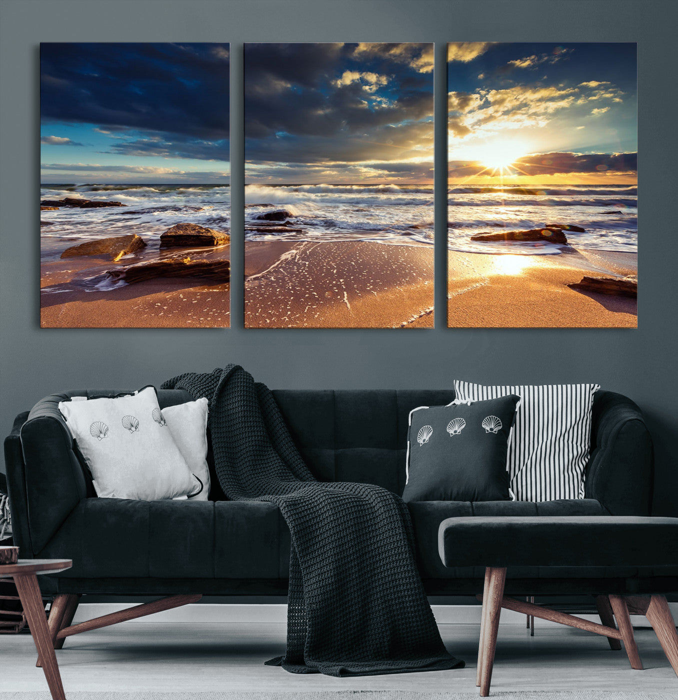 MGV-CV-60X30-3P - Golden Hour Beach Sunset Canvas Triptych, Ocean Waves and Rocks Wall Art for Coastal Home Decor