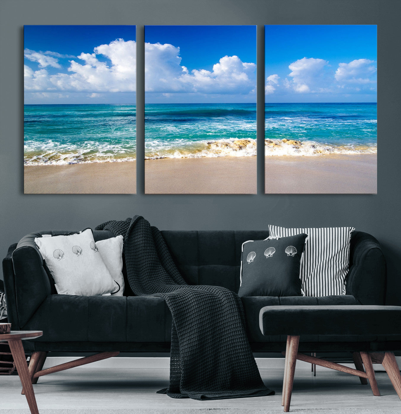 60364-MGV-CV-60X30-3P-Tropical Beach 3-Panel Canvas Wall Art – Serene Ocean Waves and Blue Sky Wall Art Print