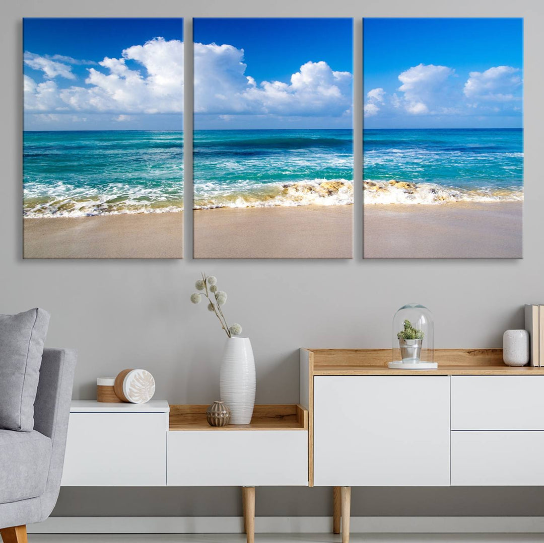 Tropical Beach 3-Panel Canvas Wall Art – Serene Ocean Waves and Blue Sky – Giclée Print for Living Room, Office, or Bedroom Coastal Decor