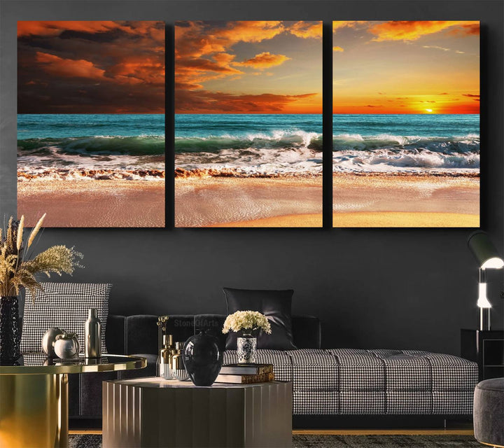 A Golden Sunset Beach triptych seascape canvas hangs on the wall.