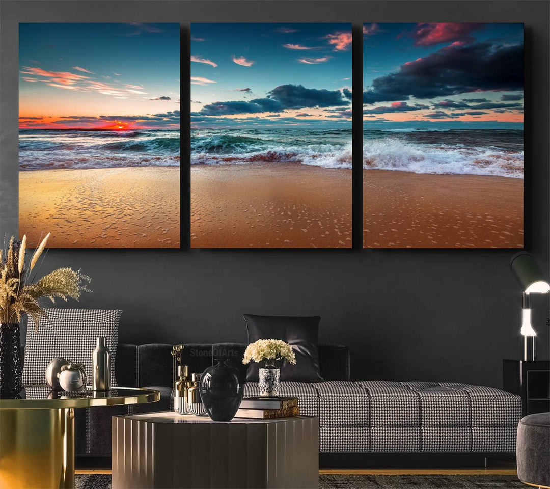 Sunset on Beach Wall Art: Waves under a vibrant sky. Crafted on museum-quality canvas, ready to hang and admire.