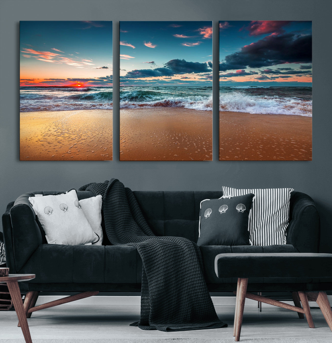 MGV-CV-60X30-3P - Sunset Ocean Beach Wall Art – Giclee Canvas Print, Coastal Seascape, Ready to Hang, Beach Decor, Large 3-Panel Set for Living Room