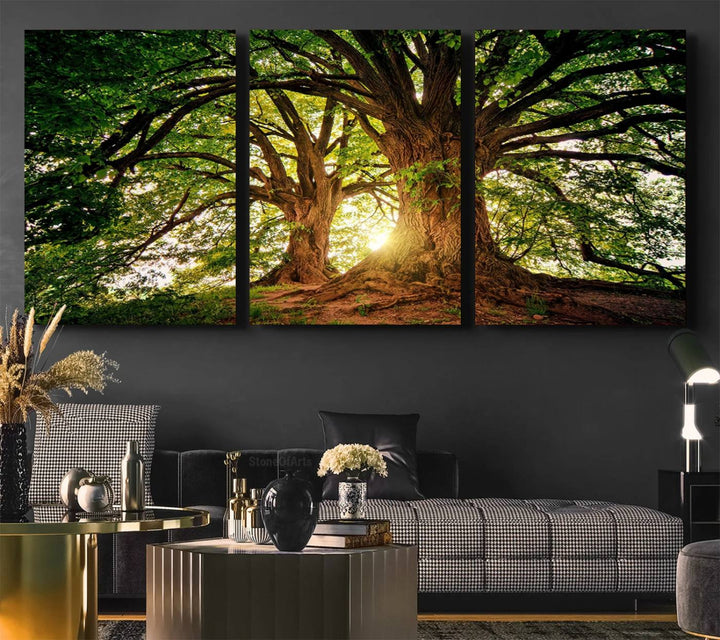 Majestic Ancient Tree Wall Art is illuminated by sunlit forest rays.