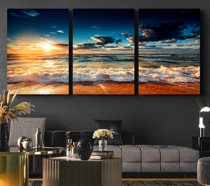 Golden Hour Sunset Over Ocean Waves Canvas: 3-Panel Coastal Landscape Art with Stunning Beach Photography Print.