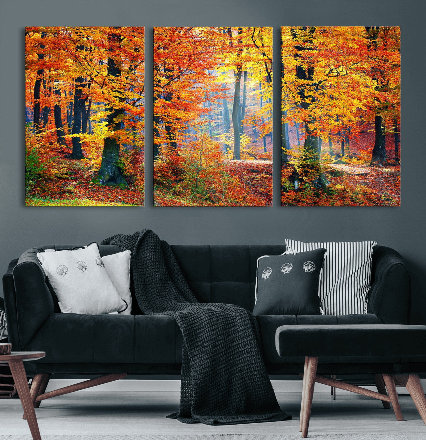 MGV-CV-60X30-3P - Autumn Red Forest Triptych Canvas Wall Art Print, Forest Wall Decor, Fall Landscape Art | Season