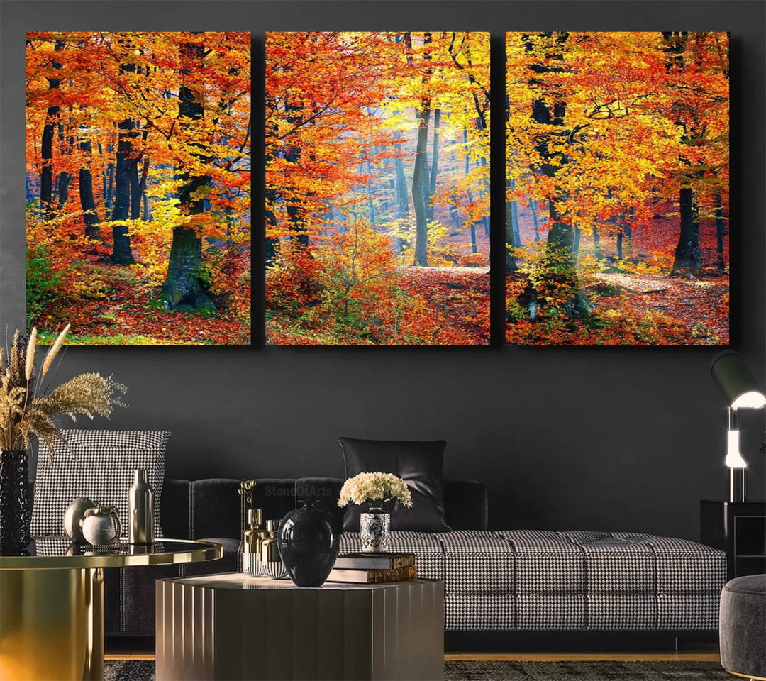 The room features an Autumn Red Forest Triptych Canvas Wall Art.