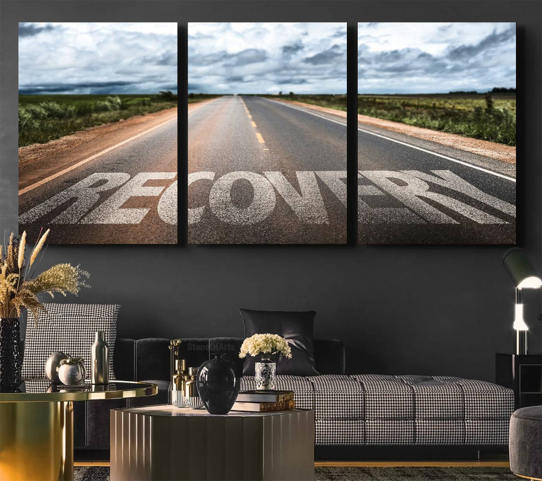 The Recovery Road Wall Art Canvas Print depicts a road under a cloudy horizon.