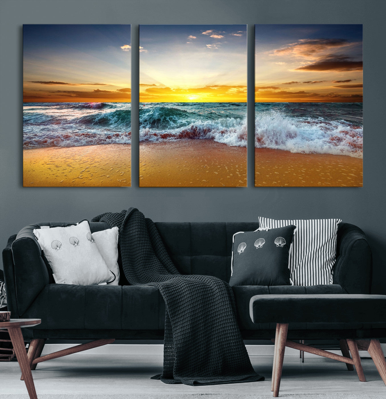 73401-MGV-CV-60X30-3P-Golden Sunset Ocean Waves Wall Art Canvas Print – Multi Panel Beach Canvas Print Set – Large Coastal