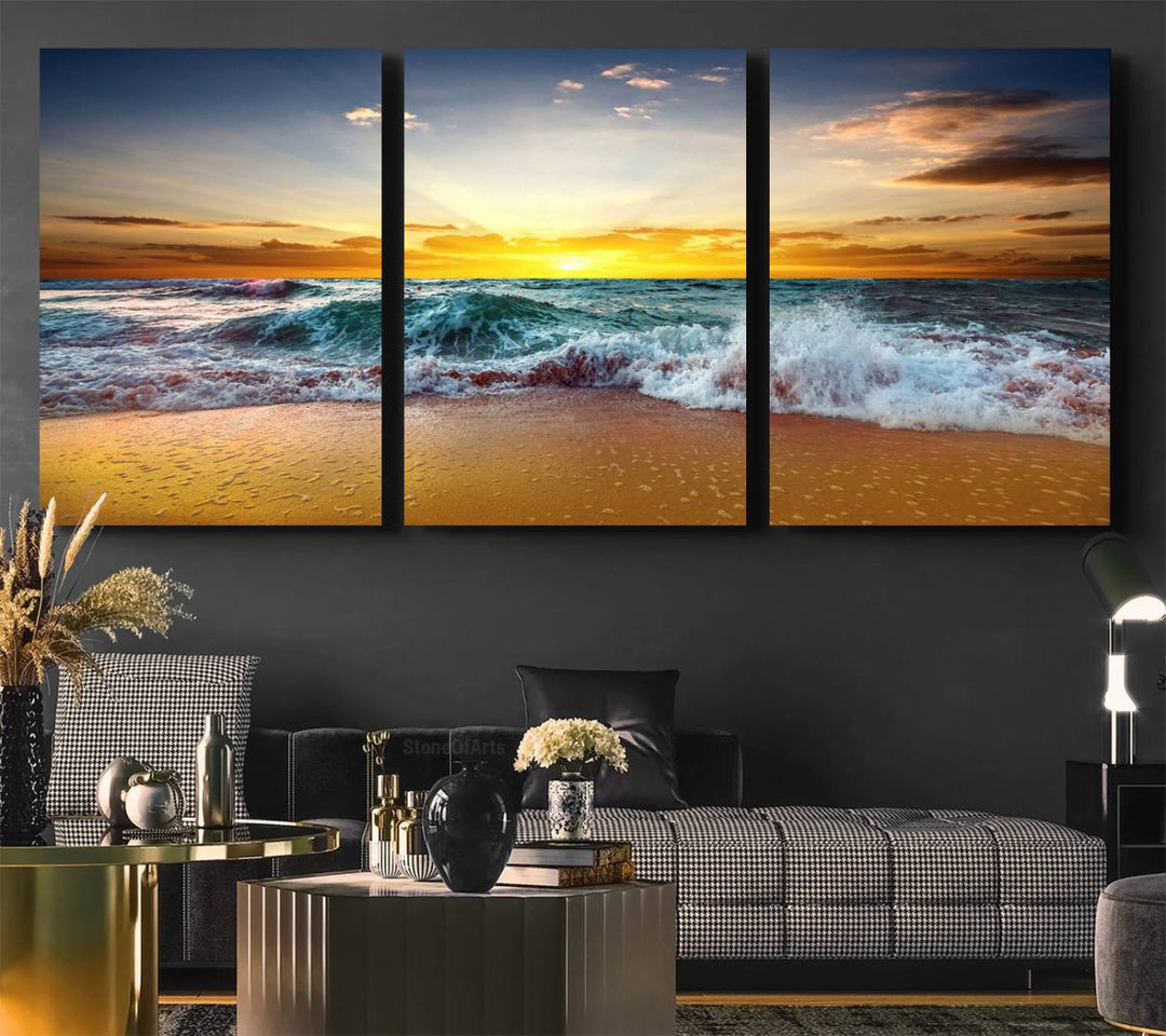 The kitchen features the Golden Sunset Ocean Waves multi-panel coastal wall art canvas.