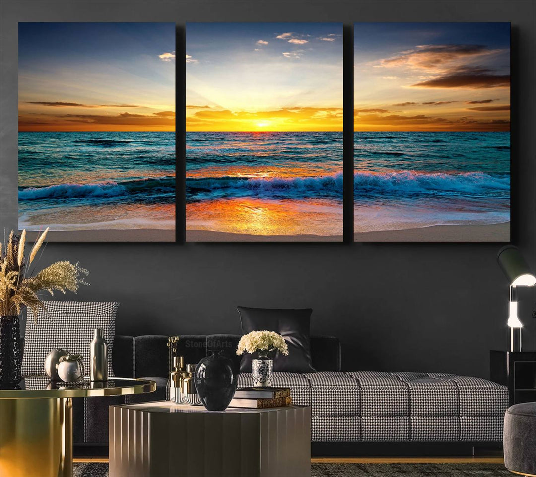 A kitchen dining area with coastal wall art.