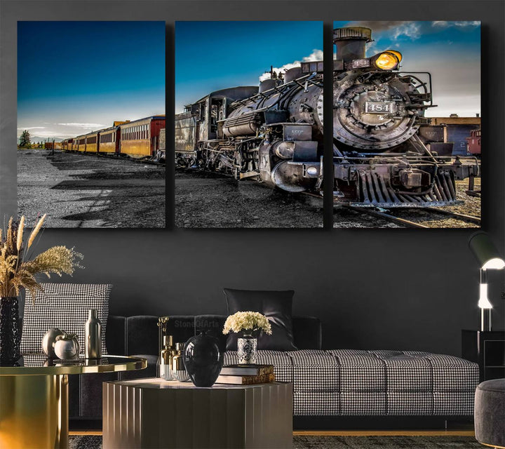 The Train Wall Art Canvas Print features a vintage steam train with a bright headlight.