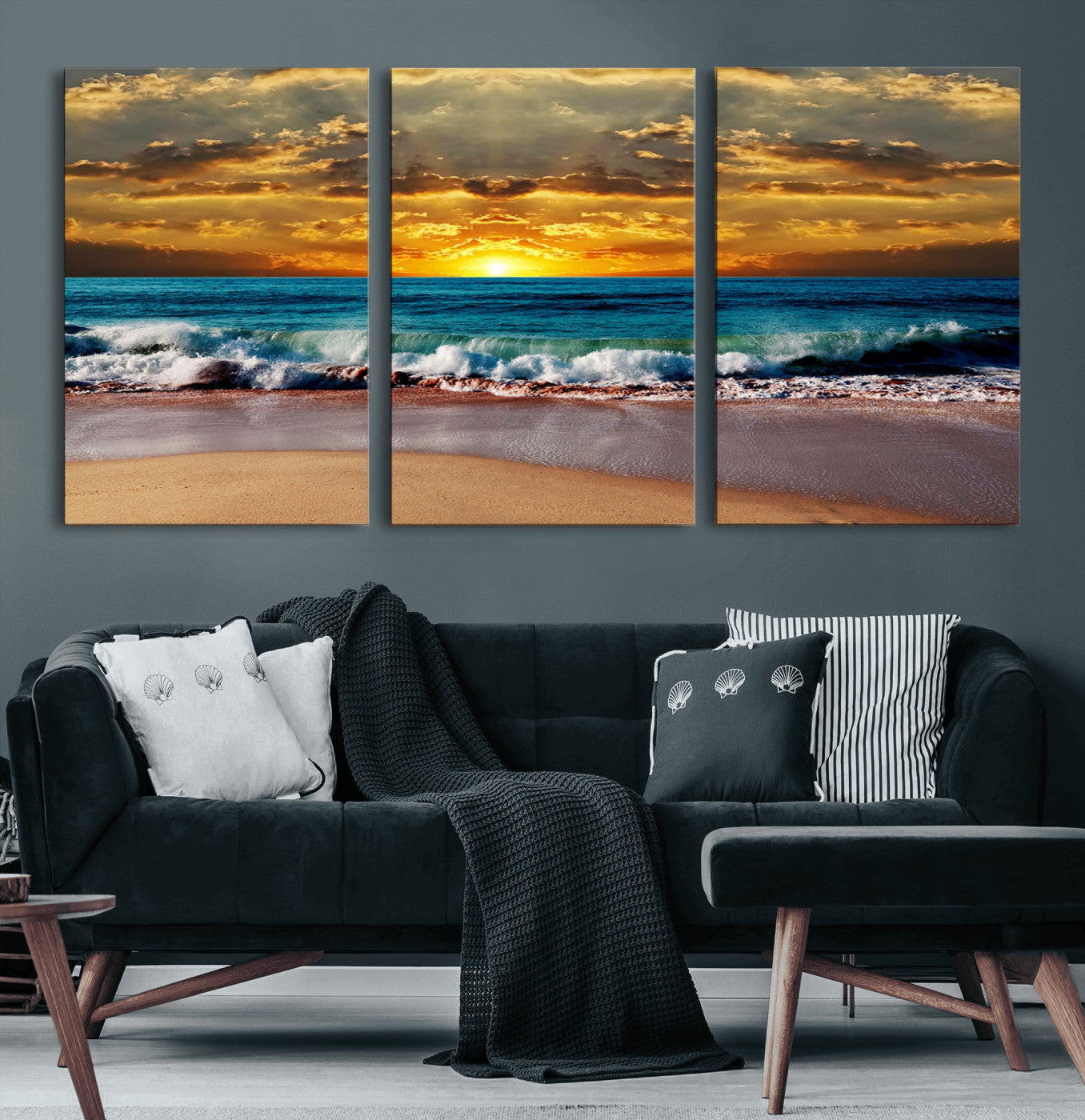 MGV-CV-60X30-3P - Ocean Sunrise Over Golden Beach Waves, Giclee Canvas Wall Art Set, High-Quality Stretched Canvas Print, Ready to Hang Coastal Sunset Wall Decor