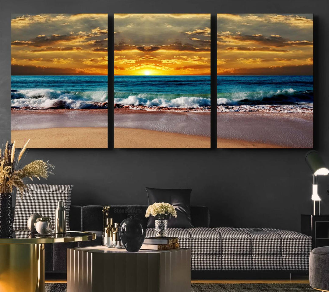 The Ocean Sunrise Over Golden Beach Waves wall art is prominently displayed, capturing the serene beauty of a beach at sunrise.