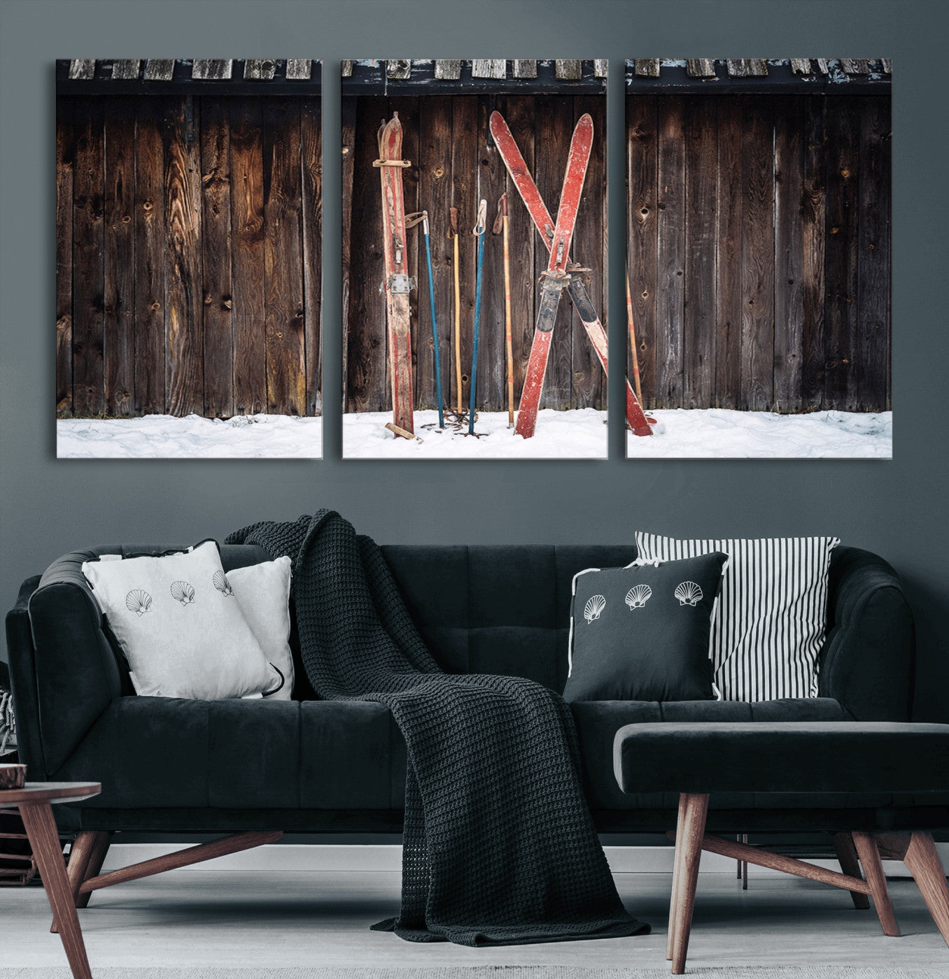 78590-MGV-CV-36X24-Vintage Ski Gear Canvas Print, Vintage Ski Gear Against Wooden Cabin Wall, Rustic Winter Sports