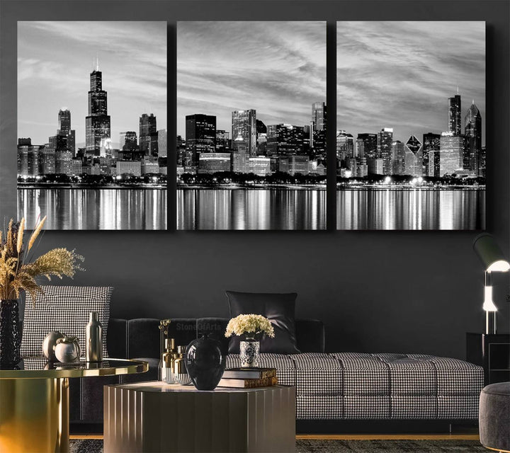 The Chicago City Cloudy Skyline Canvas Print hangs prominently.